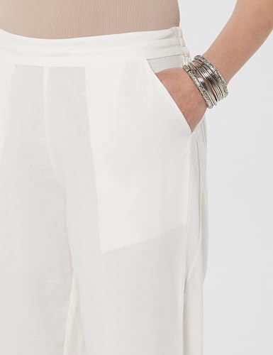 Image of White Cotton Pants with Embroidered Mesh Hemline