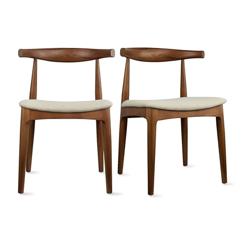 2xhome Set of 2 Solid Wooden Dining Chairs | Upholstered Beige Cloth Linen Cushioned Seat | Modern Farmhouse Elbow Side Chair | Home, Kitchen, Office, Meetings (Espresso)