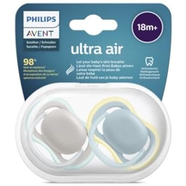 Smoczek Ultra Air Philips Avent, dla dzieci powyżej 18 miesiąca życia, sztywny smoczek, ortodontyczny i bez bisfenolu A, 2 szt., w zestawie sterylizator/torba do przenoszenia, SCF349/01