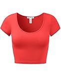 Women's Cotton Crop Tops Short Sleeve Scoop Neck Stretchy Casual Shirt Coral S
