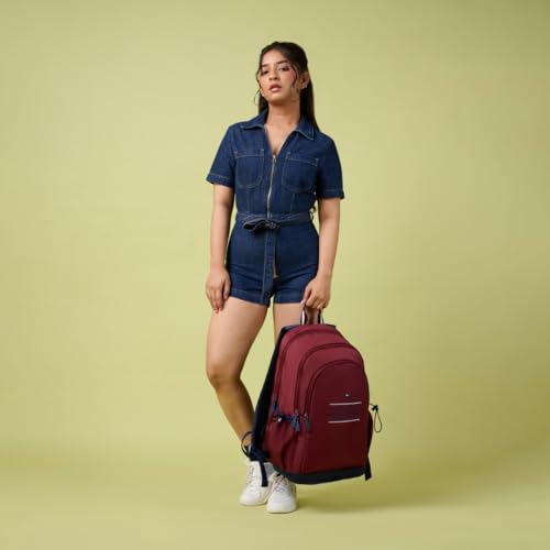 Image of Tommy Hilfiger Student School Bag & University Backpack Coral - Burgundy+Navy | Durable Water-Resistant Polyester with Premium Embroidery | Multi-Utility Organiser & Rain Cover | 33L Capacity