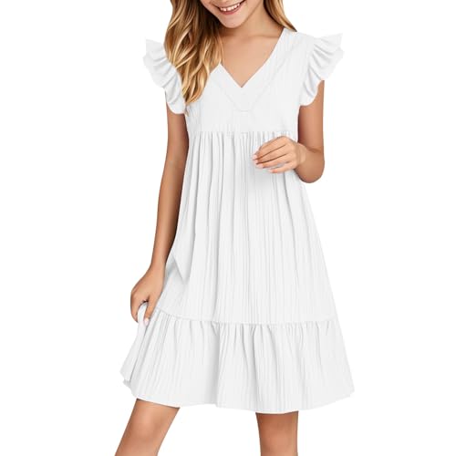Girl's Summer Dress Ruffle Cap Sleeve V Neck T Shirt Dress Flowy Swing Mini Dresses Beach Sundresses Pleated Dresses