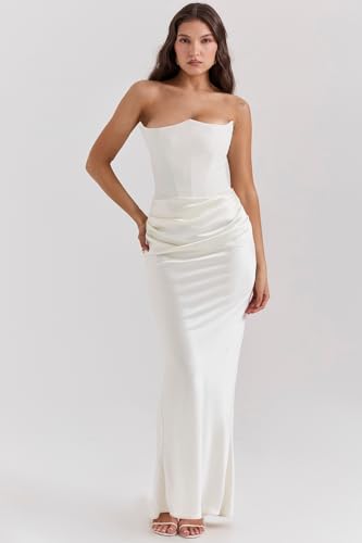 Image of ANKOMINA Women's Strapless Boned Corset Satin Dress Sexy Backless Pleated Stitching Dresses for Wedding Cocktail