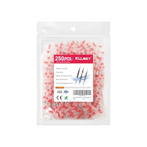 Kuject 250PCS Solder Seal Wire Connectors AWG 22-18, Red Solder Seal Heat Shrink Butt Connectors Terminals Sleeve Waterproof Wire Splice Connector for Marine Automotive Boat Wire Joint