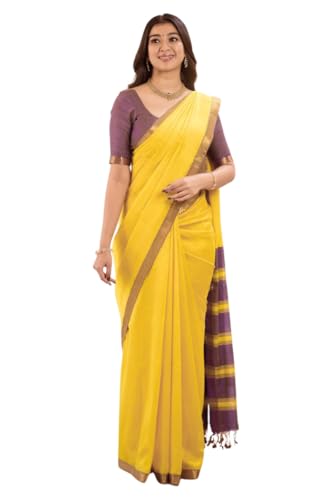 Image of Women's Cotton Woven Soft Sarees With Attach Blouse Piece.