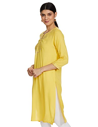Image of Max Rayon Women Embroidered Notched Neck Straight A-Line Kurta