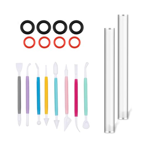 AMONENZ 2 Pièces Transparent Rouleau d'argile Acrylique et 8 Pièces Outils de Sculpture en Argile, 19,5 cm Argile Rouleau avec 8 Anneaux en Caoutchouc,...