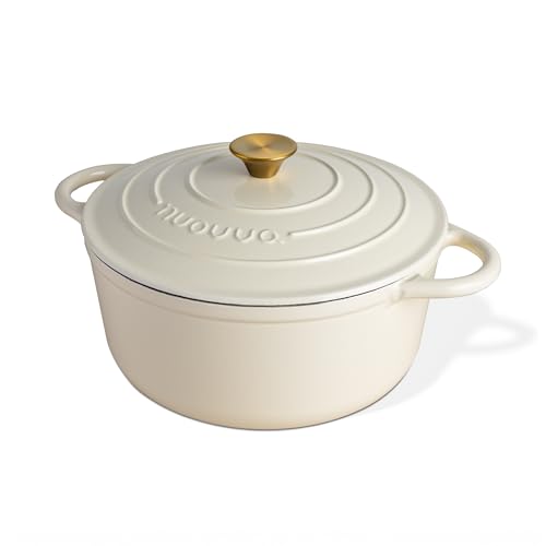 Nuovva Enamelled Cast Iron Dutch Oven Pot with Lid – 5 Quart Casserole Dish – Ceramic Dutch Oven for Bread Baking, Roasting, Braising & Stews – Oven Safe up to 500°F – 24cm Cream