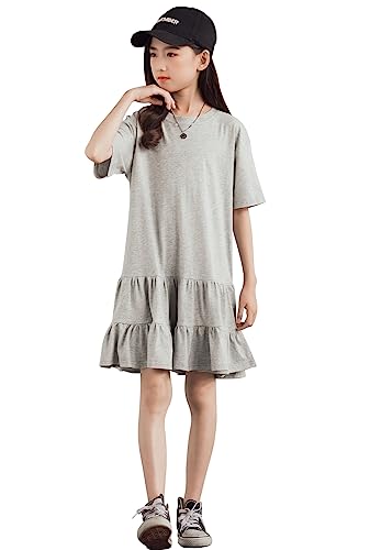 [Measuttie] 子供 半袖 Tシャツワンピース 女の子 夏 ワンピース カジュアル 普段着 部屋着 遊び着 ティアード 無地 シンプル グレー 150cm