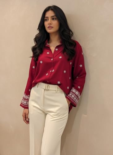 Image of Women Rayon Embroidered Shirt - Long Sleeve Button Down Top with Floral Embroidery, Casual Office Wear Blouse(Maroon)