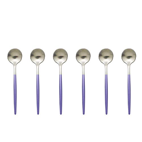 BRIIEC Stainless Steel 18/10 Demitass Espresso Teaspoons, Set of 6,Matte Finished, Dishwasher Safe. (Purple Silver Espresso Spoons)