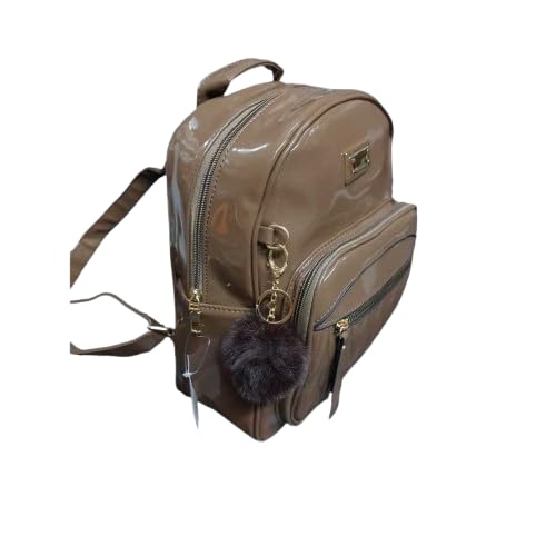 Mochila Feminina de Verniz, Casual, Poliéster, Grande, Impermeável, Retangular, Acompanha Chaveiro Pompom (Marron)