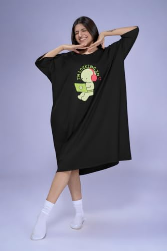 Image of LAMA STORE Women's Printed Oversized T-Shirt Dress, Cotton, 3 /4 Sleeve Length, Casual Loose Fit, Comfort Wear Extra Comfy Oversized Printed Pocket T-Shirt Dress