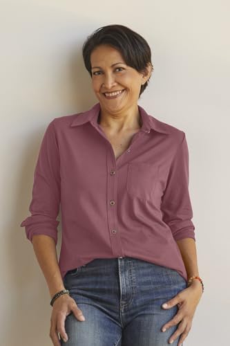 Women's 100% Organic Pima Cotton Long Sleeve Knit Button Down Shirt2