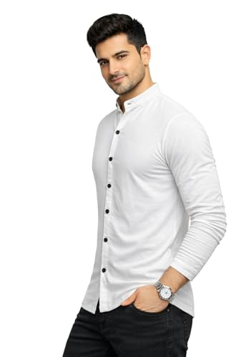 Image of Blisstone Men's Band Collar Shirt - Full Sleeve Slim Fit Casual Cotton Blend Mandarin Collar Button Down Shirt