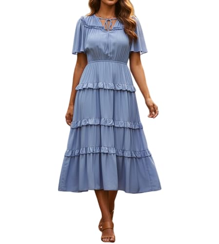 Image of Women's Short Sleeve Summer Boho Pleated Rayon Mid Dresses with Pockets for Wedding Guest