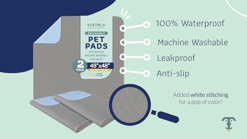 Image of Katziela Washable Pet Pads (2 Pack 48in x 48in)Super Absorbent Waterproof Reusable Dog Pee Pads for Dogs Washable Puppy Pads for Potty Training Housebreaking Washable Pee Pads for Dogs White Stitching