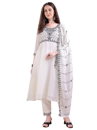 Ensemble Anarkali blanc brodé en soie Pratham Blue haut de gamme pour femme en taille S