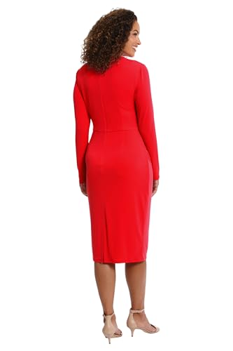 Image of London Times Women's Dresses Draped Neckline Slimming Midi Length Jersey Sheath Dress with