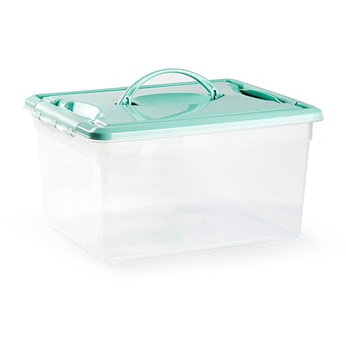 Tradineur - Caja de Almacenamiento transparente - Plástico - Contenedor para almacenar juguetes, Libros, ropa, mantas - N.º 9-12 Litros - 18 x 34 x 27 cm - Tapa Color Pastel Aleatorio