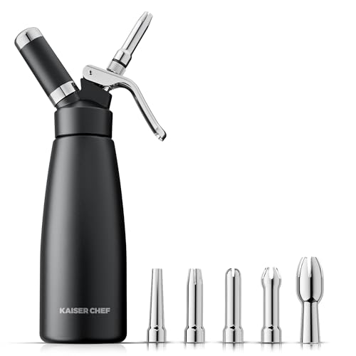 Comparison: Best Whipped Cream Dispensers 5 Professional Aluminum Whipped Cream Dispenser - 500 mL/1 Pint,Leak-Free Whipped Cream Maker Canister with 5 Decorating Nozzles & Cleaning Brush - N2O Chargers (Not Included) (Black, 500ml)