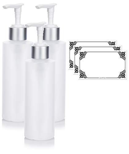 6 oz Clear Natural Refillable Plastic Squeeze Bottle with Silver Pump Dispenser (3 Pack) + Labels