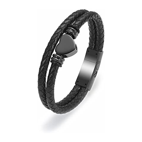 memorial jewelry Cremation Bracelet with Magnetic Clasp Beads Cowhide Multi-Layer Braided Leather Urn Bracelet for Men Women, Metal, stainless-steel Cover
