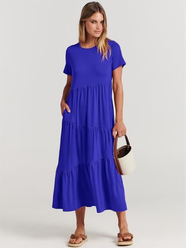 Image of ANRABESS Women Summer Maxi Dress Short Sleeve Swing Casual Asymmetric Tiered Vacation Long Beach Sundress Outfits
