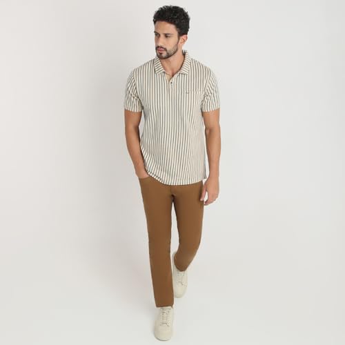 Image of Colorplus Men Regular Fit Stripe Pattern Pure Cotton Half Sleeve Polo Neck Casual T-Shirt