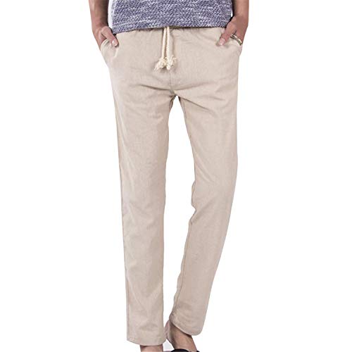 Mens Nature Cotton Linen Trousers Pants Casual Male Solid Elastic Waist Straight Loose Pants Plus Size Kahki Style 2 XXL