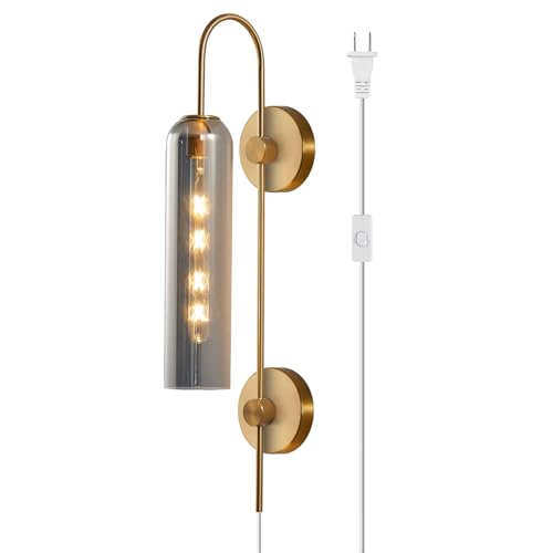 BOKT Mid Century Modern Brass Gold Plug in Wall Light Lamp 1 Light Indoor Smoke Gray Glass Wall Sconce Lighting Single Vintage Wall Mounted Bedroom Lights Plug in Sconces Wall Lighting (Smoke Gray)