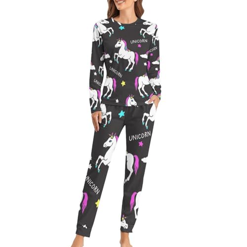 Pyjama licorne blanche femme avec t-shirt manches longues et pantalon de nuit