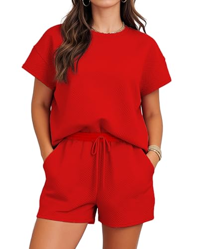 MOEENCN Womens Sets 2 Piece Outfits Sweatsuits Casual Lounge Jogger Sets Sweat Shorts Set Travel Matching Clothing Red