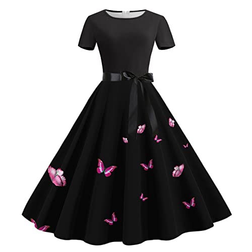 Robe de cocktail rétro trapèze évasée pour femme à manches courtes