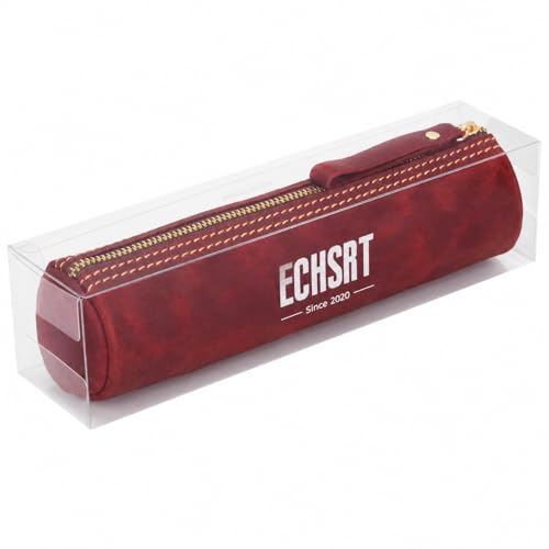 Image of ECHSRT Genuine Leather Pencil Pouch, Classic Cylinder Pen Bag - Red | Full-Grain Cowhide Leather, Crazy Horse Finish, Single Zipper, Vintage Pen Organizer for Adults