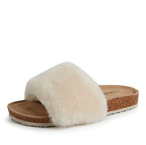 Dearfoams Women's Fireside Canberra Shearling Cork Footbed Easy on/Off Slide Sandal