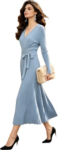 Image of RanRui Womens Winter Fall Pleated Knitted Fit and Flare Long Sleeve Sweater Dress