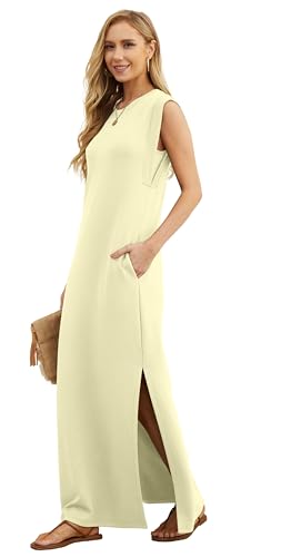Image of GRECERELLE 2026 Women Year-Round Casual Round Neck Loose Split Wrinkle-Free Long Maxi Vacation Dress with Pockets (XXS-4XL)