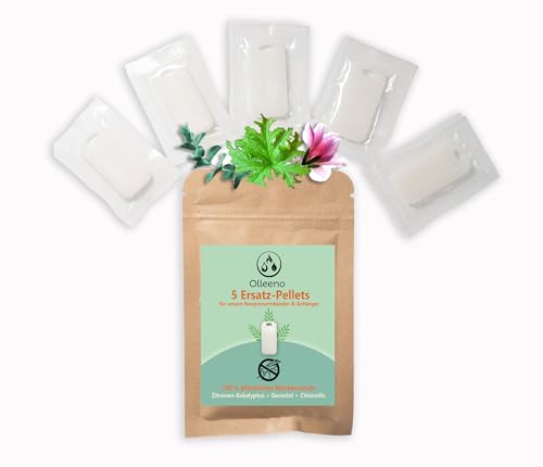 OLLEENO Ersatz-Pellets für Mückenarmband (5 Stück) Refill für Neopren Armband & Anhänger Wiederverwendbar DEET-frei mit ätherischen Ölen Recycelte wiederverschließbare Verpackung 15-20 Tage Wirkung