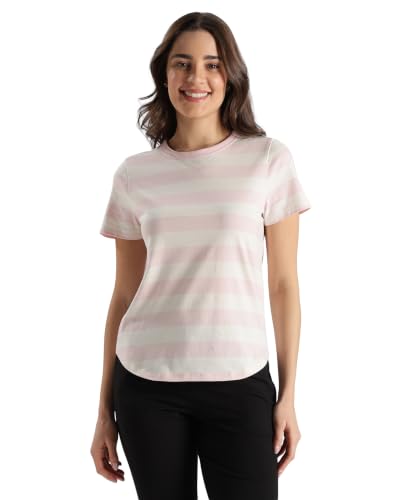Image of Jockey A121 Women Super Combed Cotton Stripe Fabric Relaxed Fit Round Neck Half Sleeve T-Shirt with Curved Hem Styling