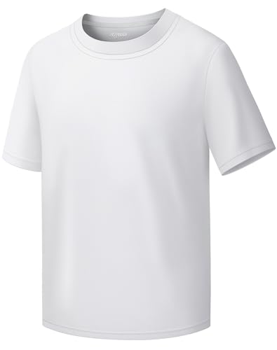 Boys Shirts Athletic Dry Fit Tees Moisture Wicking Quick Dry Short Sleeve T-Shirts Sports Training Outdoor Activewear Tops(White,9-10Y)