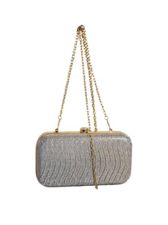 Crystal-Embellished Evening Clutch, Silver, Metal Chain Handle, Clasp Closure, for Weddings, Parties and Festive Occasions-image-32