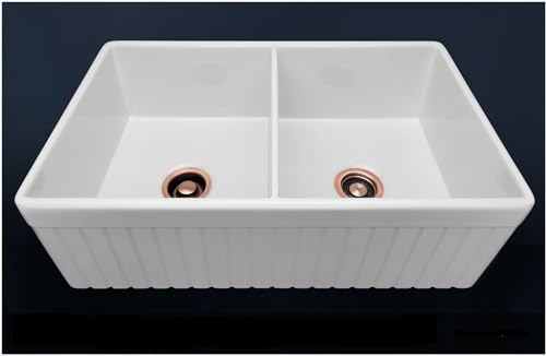 Generic Narrow Fluted Double Bowl Farmhouse Sink, Large, White