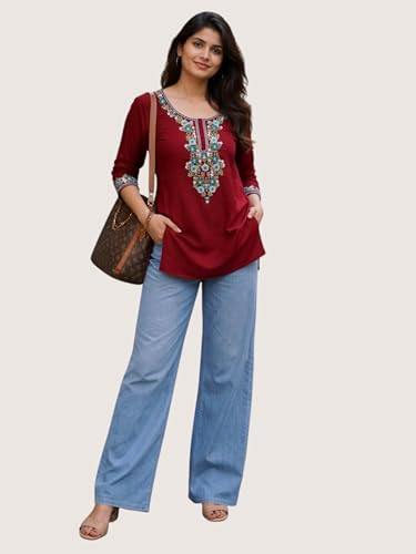 Image of HAUTEMODA Women Cotton Floral Embroidered Short Kurti, Tunic, Three-Fourth Sleeves, White