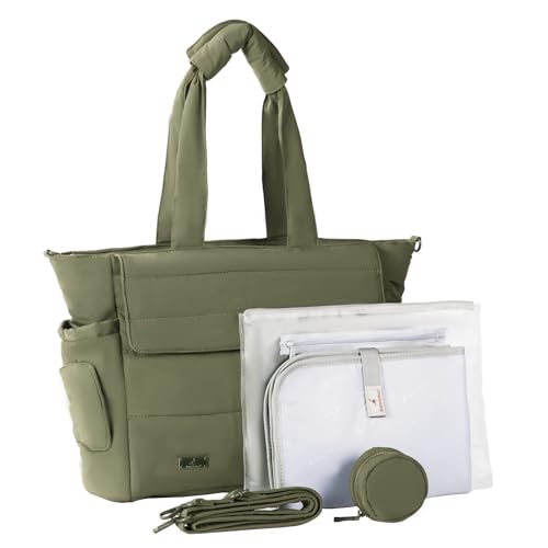BabbleRoo Flo Tote Diaper Bag, 14-Pocket Cloud-Soft Puffer Newborn Bag for Parents, 14-Inch Laptop Sleeve, 3 Insulated Bottle Slots, Wet Pouch, Luggage Strap, Changing mat, Hidden Pocket,Seaweed Green