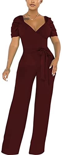 Image of PaladMom Womens Elegant Plus Size Jumpsuits Sexy Back zipper Short Sleeve Mid Waist Wide Leg Straight Rompers
