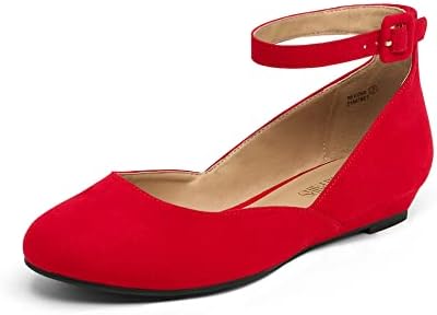 DREAM PAIRS Women's Revona Red Suede Low Wedge Ankle Strap Flats Shoes Casual - 9 B(M) US