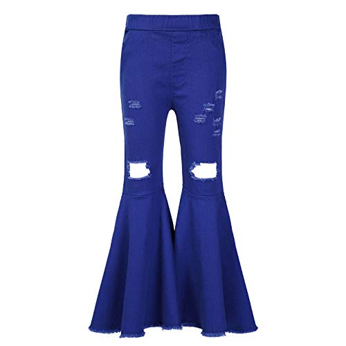 Kids Girls Denim Ripped Flared Jeans Tassel Ireegular Cut Row Hem Bell Bottom Pants Skinny Trousers
