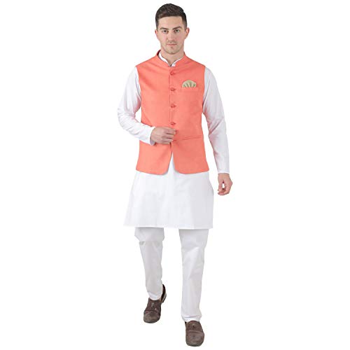 Image of TAHVO Men's Nehru Jacket /Waistcoat /Modi Jacket Cotton Fabric /Men 's 5 Button Nehru Jacket with Hanky Kurta Set