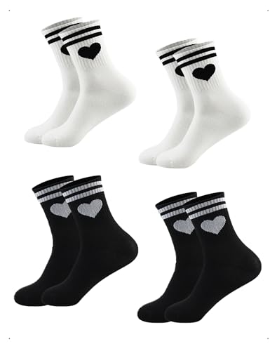 EMOTTOS 4 Pares Set 39-45 Calcetines Deporte Tenis Mujer con Estampado Corazón a Rayas, Calcetines Deportivos Transpirables Puño Calcetín Elástico Antideslizante Trekking Running Padel Gym Aire Libre